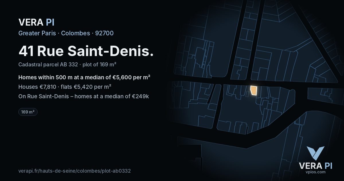 41 Rue Saint-Denis, Colombes at night – the plot lit, the parcels around coloured by the prices near them