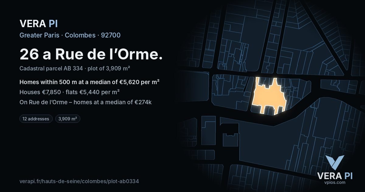 26 a Rue de l’Orme, Colombes at night – the plot lit, the parcels around coloured by the prices near them
