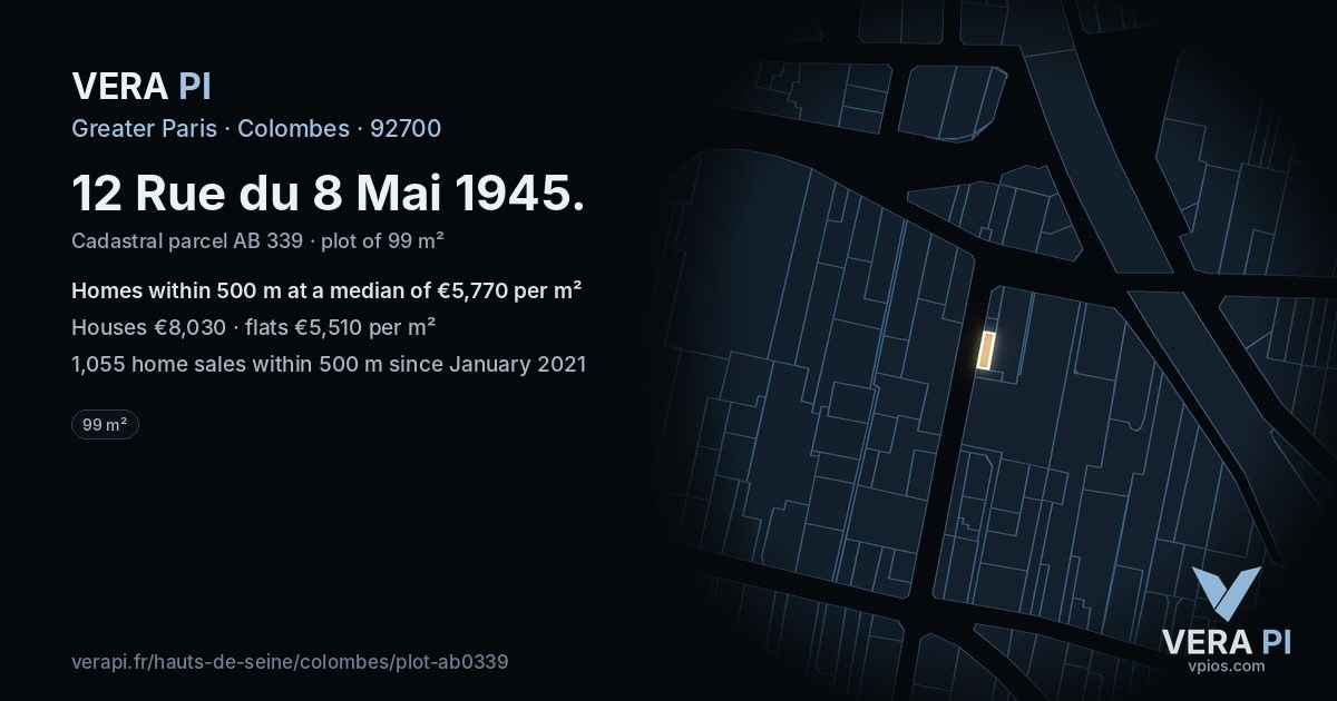 12 Rue du 8 Mai 1945, Colombes at night – the plot lit, the parcels around coloured by the prices near them