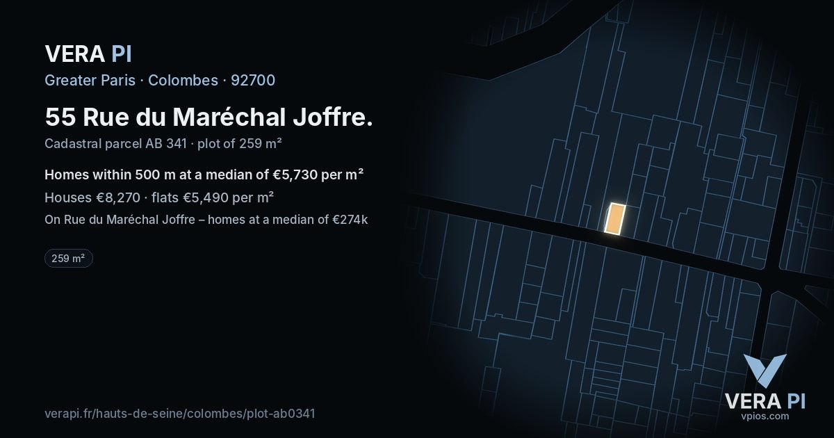 55 Rue du Maréchal Joffre, Colombes at night – the plot lit, the parcels around coloured by the prices near them