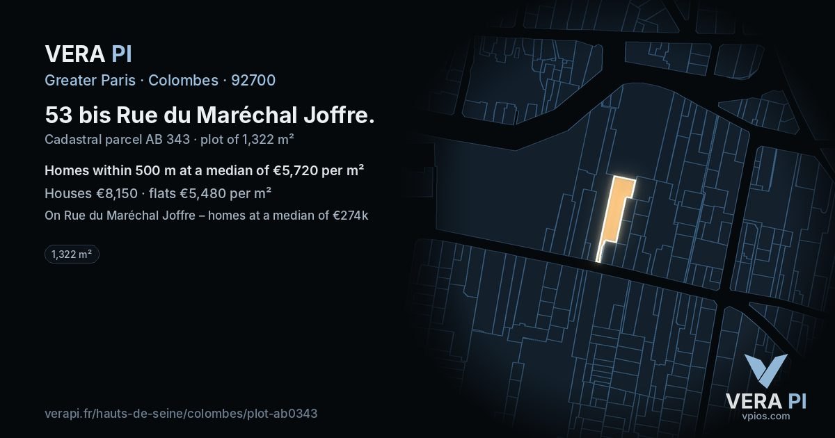53 bis Rue du Maréchal Joffre, Colombes at night – the plot lit, the parcels around coloured by the prices near them