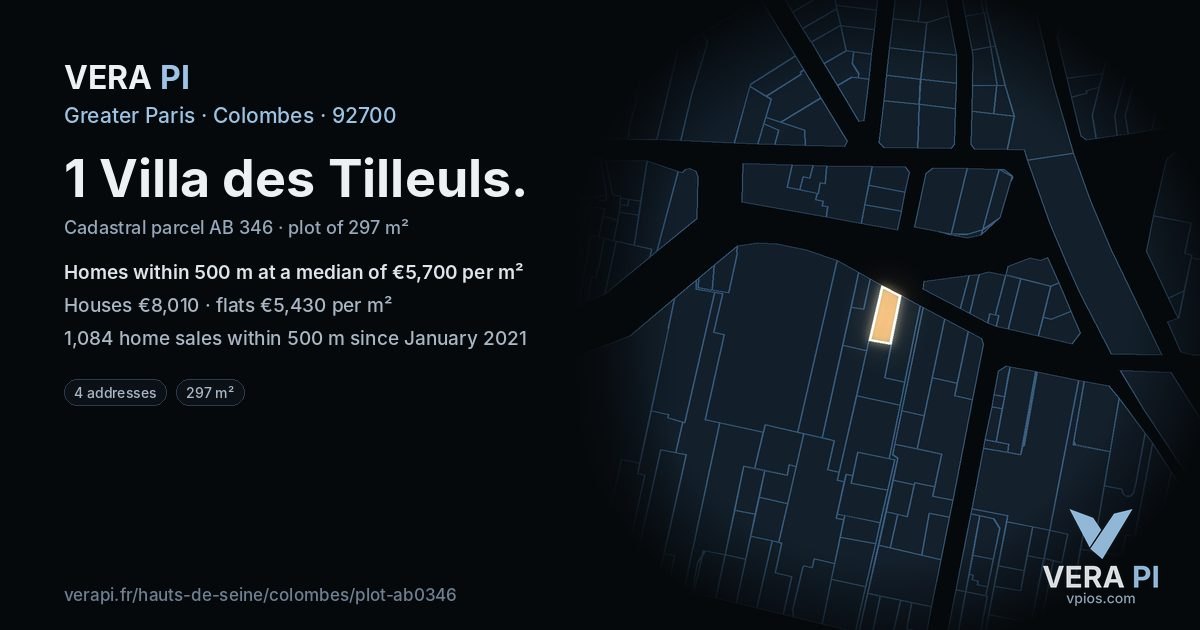 1 Villa des Tilleuls, Colombes at night – the plot lit, the parcels around coloured by the prices near them