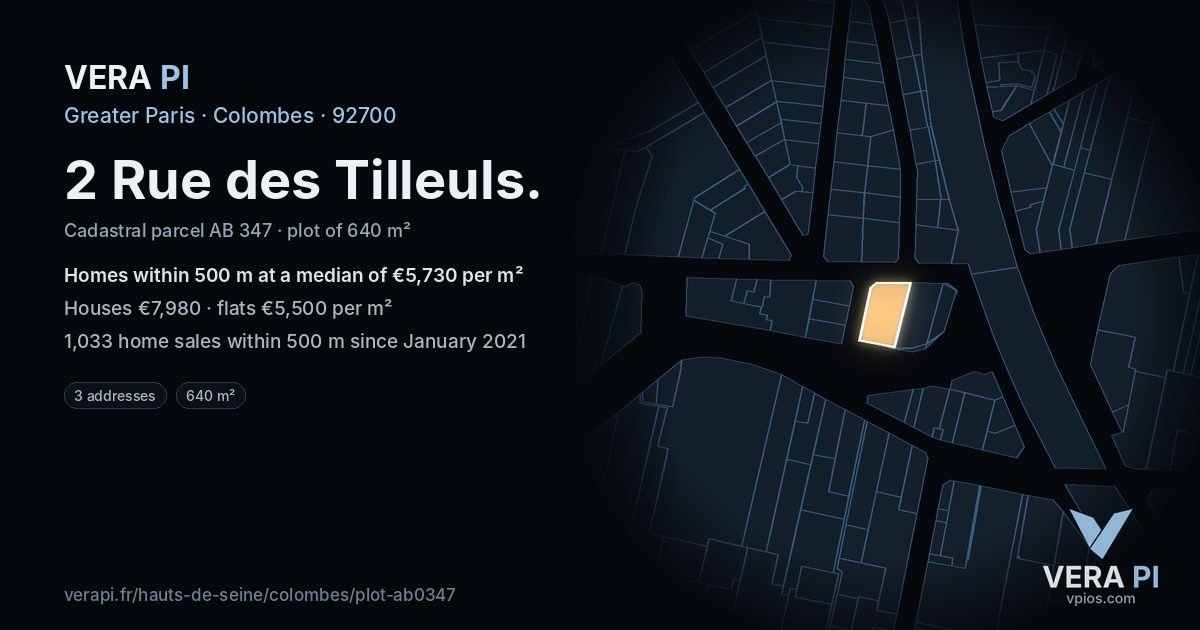 2 Rue des Tilleuls, Colombes at night – the plot lit, the parcels around coloured by the prices near them
