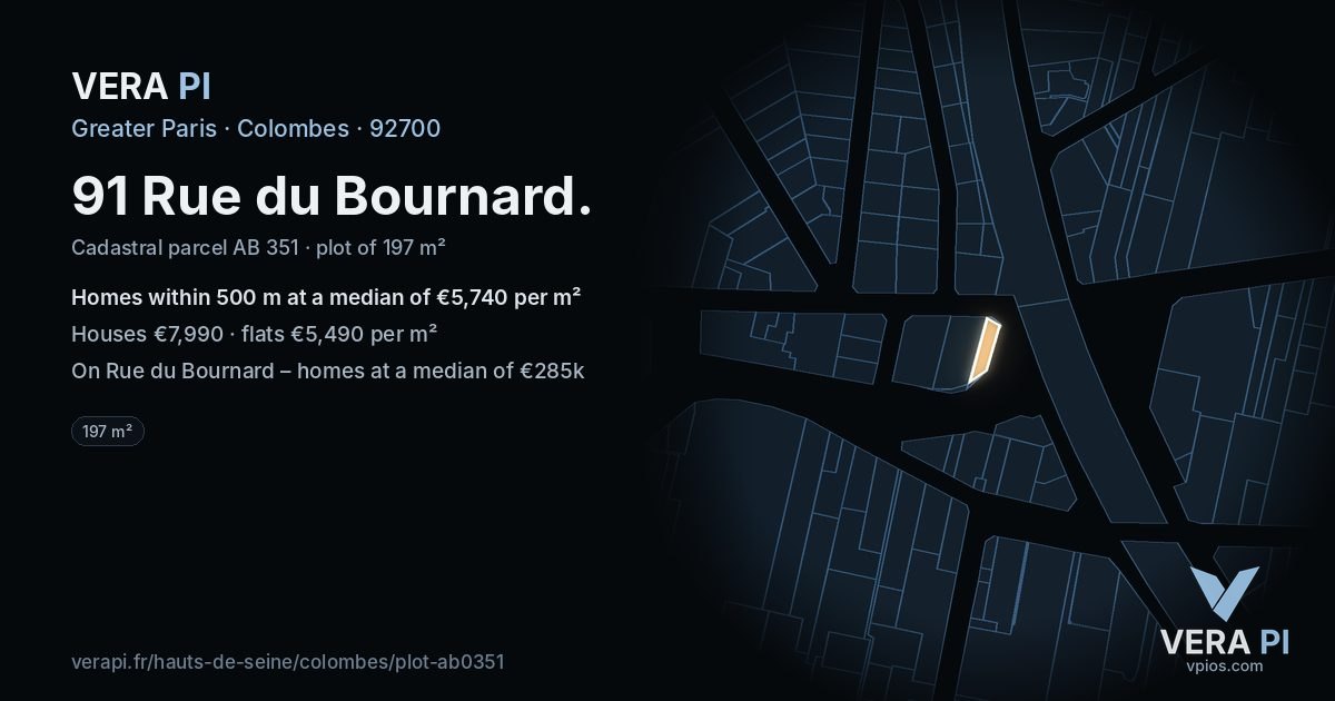 91 Rue du Bournard, Colombes at night – the plot lit, the parcels around coloured by the prices near them