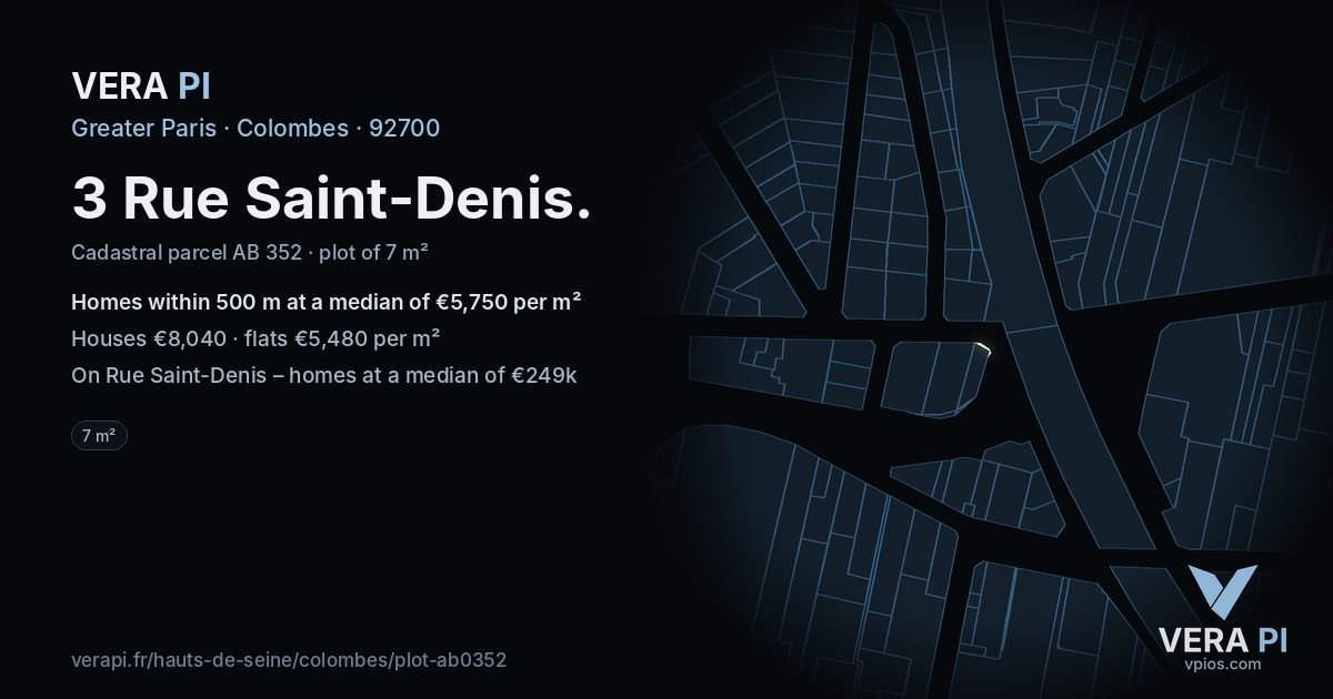3 Rue Saint-Denis, Colombes at night – the plot lit, the parcels around coloured by the prices near them