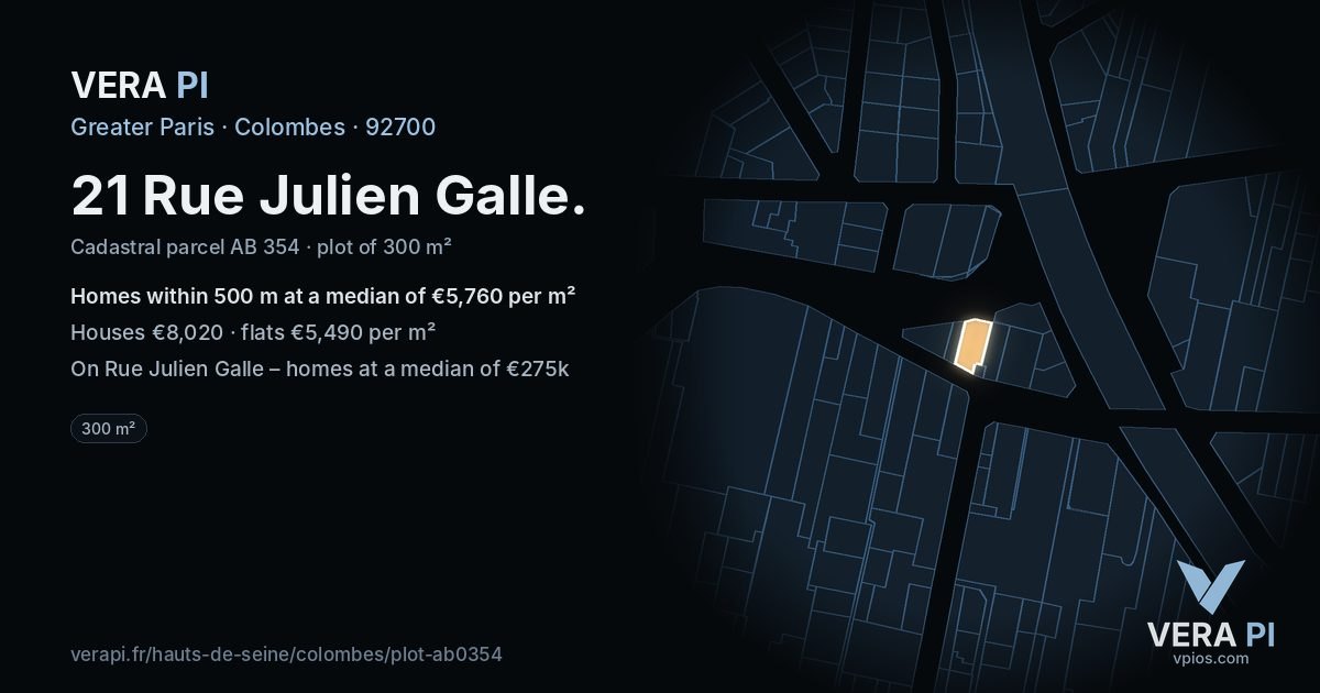 21 Rue Julien Galle, Colombes at night – the plot lit, the parcels around coloured by the prices near them