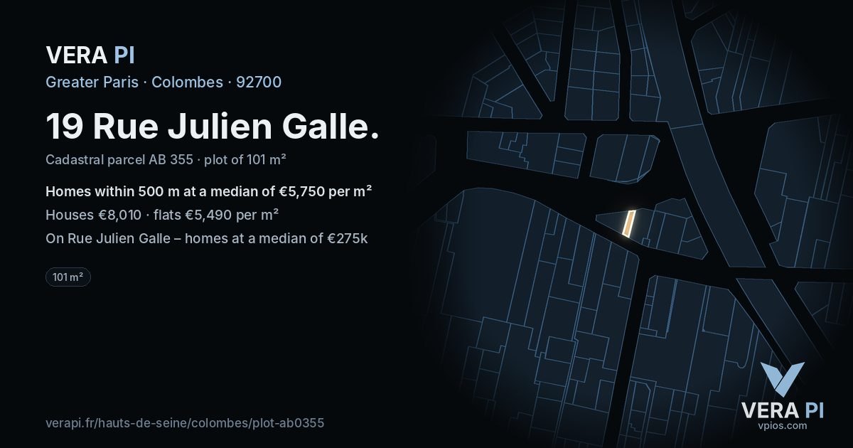 19 Rue Julien Galle, Colombes at night – the plot lit, the parcels around coloured by the prices near them