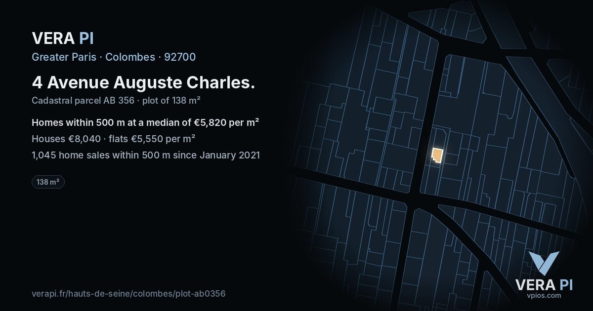 4 Avenue Auguste Charles, Colombes at night – the plot lit, the parcels around coloured by the prices near them