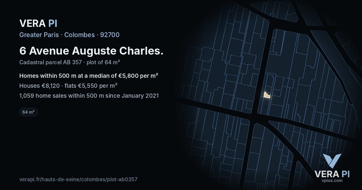 6 Avenue Auguste Charles, Colombes at night – the plot lit, the parcels around coloured by the prices near them