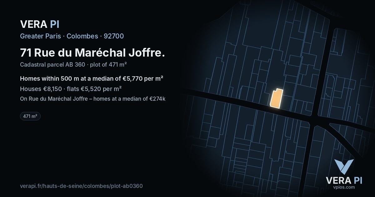 71 Rue du Maréchal Joffre, Colombes at night – the plot lit, the parcels around coloured by the prices near them