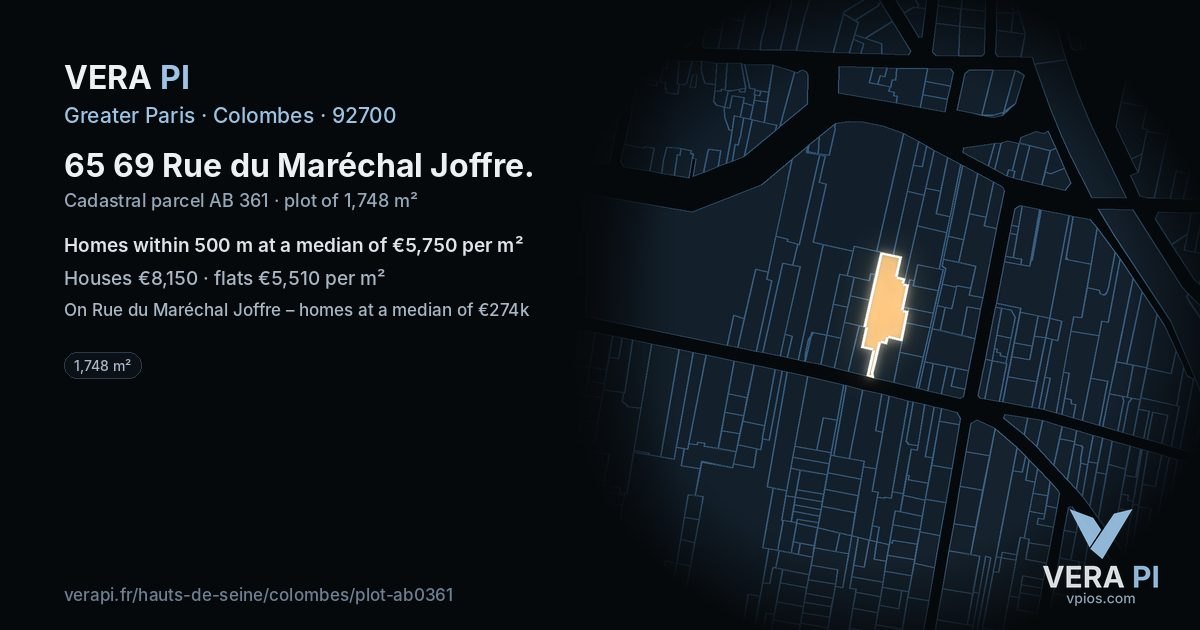 65 69 Rue du Maréchal Joffre, Colombes at night – the plot lit, the parcels around coloured by the prices near them