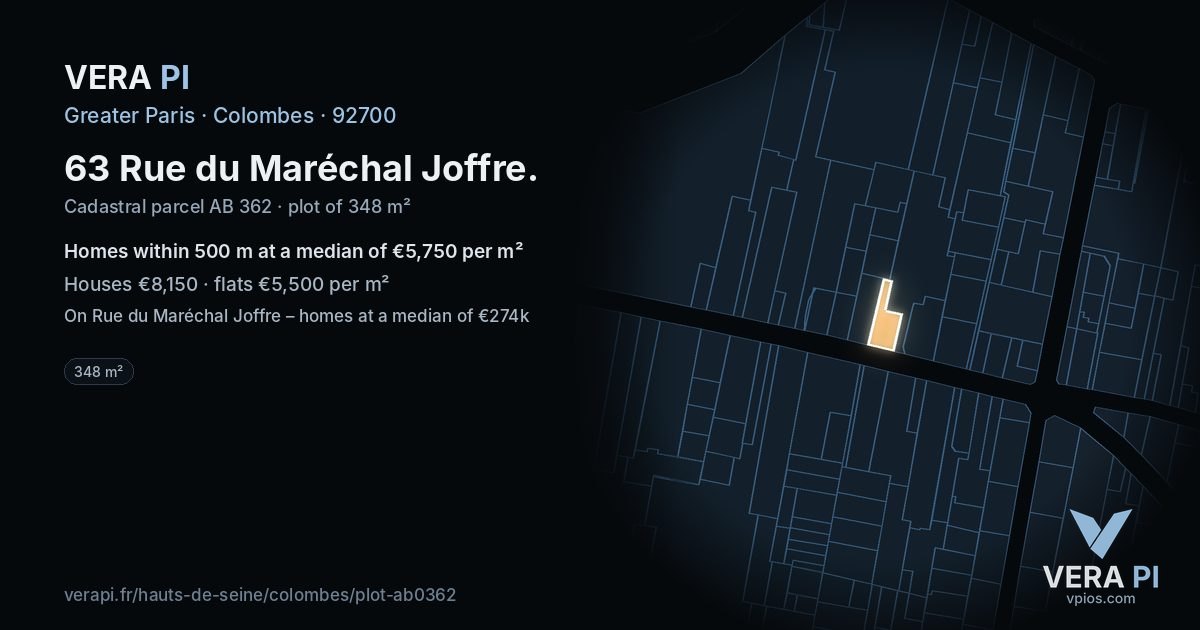 63 Rue du Maréchal Joffre, Colombes at night – the plot lit, the parcels around coloured by the prices near them
