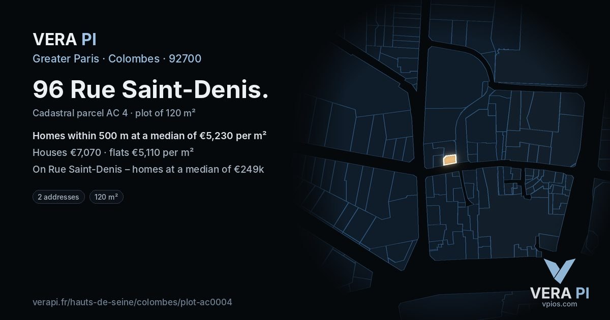 96 Rue Saint-Denis, Colombes at night – the plot lit, the parcels around coloured by the prices near them
