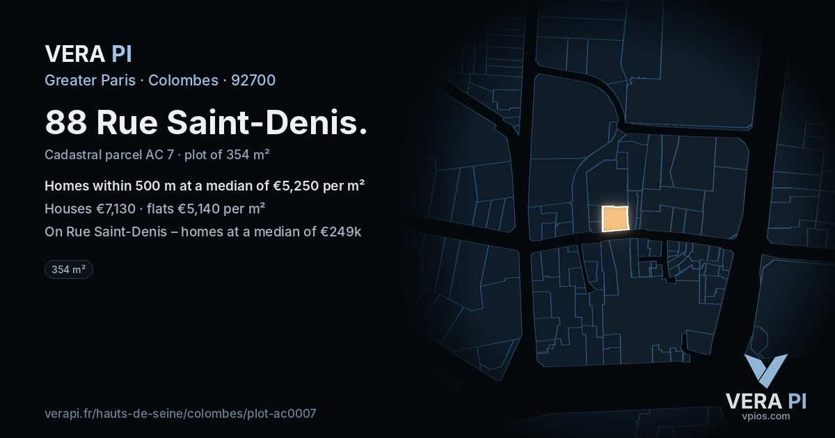 88 Rue Saint-Denis, Colombes at night – the plot lit, the parcels around coloured by the prices near them