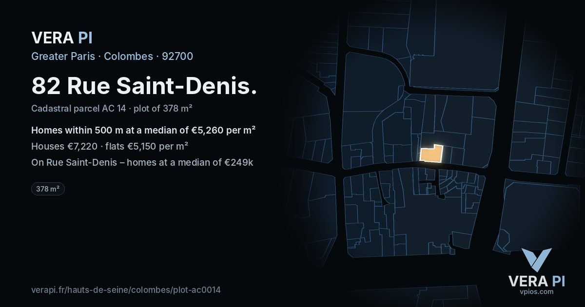 82 Rue Saint-Denis, Colombes at night – the plot lit, the parcels around coloured by the prices near them