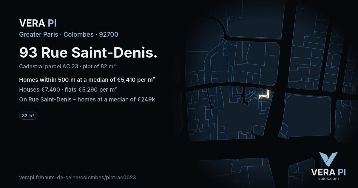93 Rue Saint-Denis, Colombes at night – the plot lit, the parcels around coloured by the prices near them