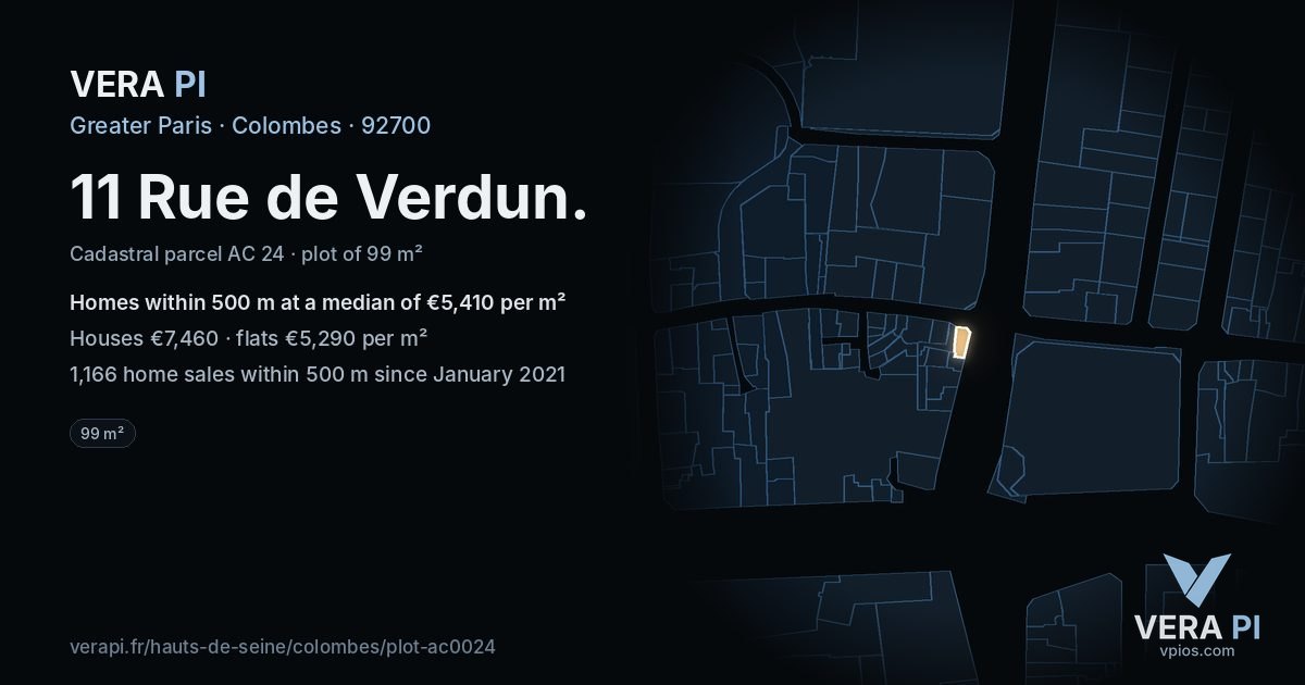 11 Rue de Verdun, Colombes at night – the plot lit, the parcels around coloured by the prices near them