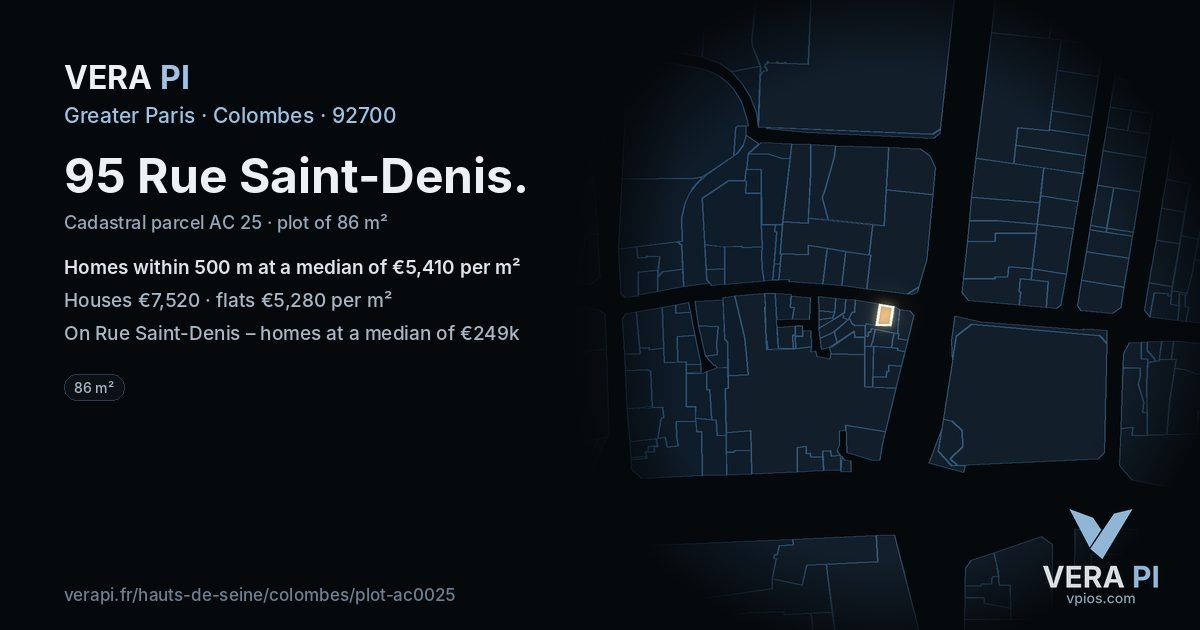 95 Rue Saint-Denis, Colombes at night – the plot lit, the parcels around coloured by the prices near them