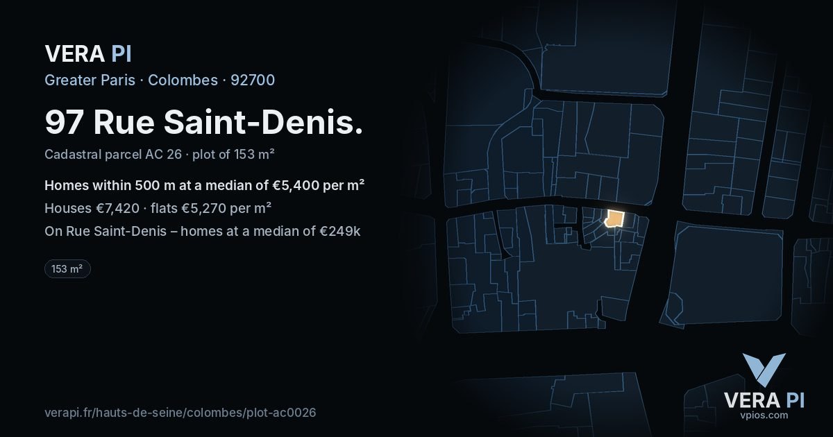 97 Rue Saint-Denis, Colombes at night – the plot lit, the parcels around coloured by the prices near them