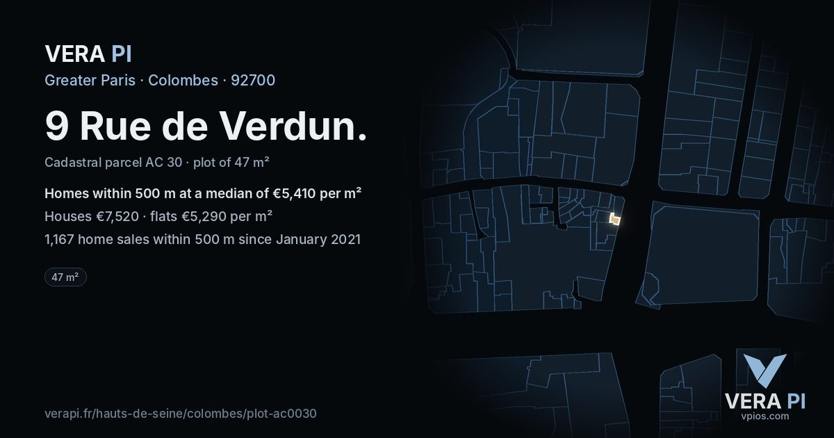 9 Rue de Verdun, Colombes at night – the plot lit, the parcels around coloured by the prices near them