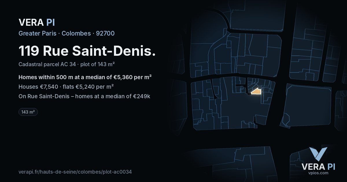 119 Rue Saint-Denis, Colombes at night – the plot lit, the parcels around coloured by the prices near them