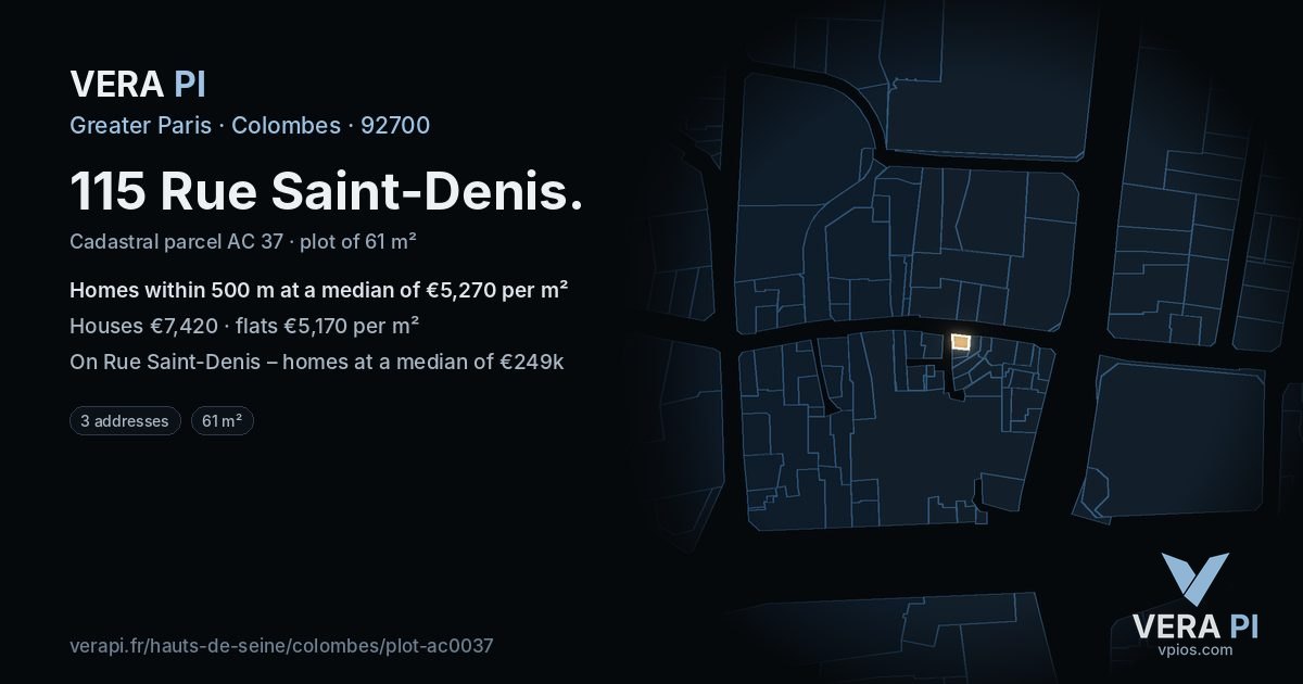 115 Rue Saint-Denis, Colombes at night – the plot lit, the parcels around coloured by the prices near them