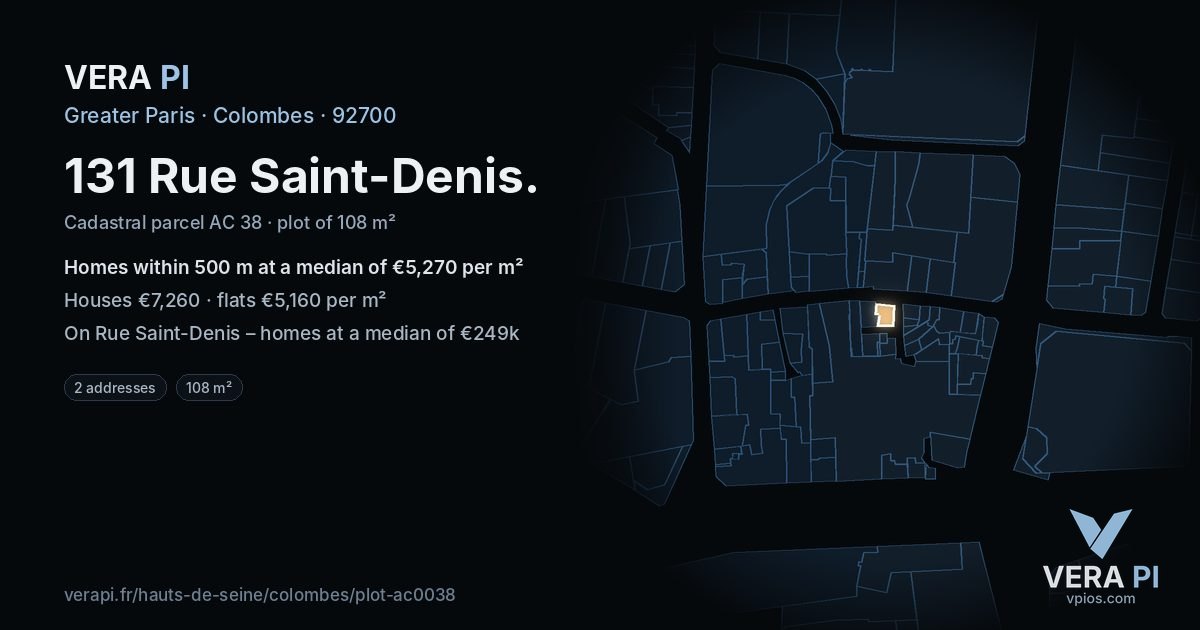 131 Rue Saint-Denis, Colombes at night – the plot lit, the parcels around coloured by the prices near them