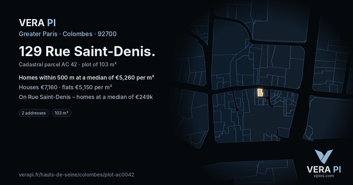 129 Rue Saint-Denis, Colombes at night – the plot lit, the parcels around coloured by the prices near them