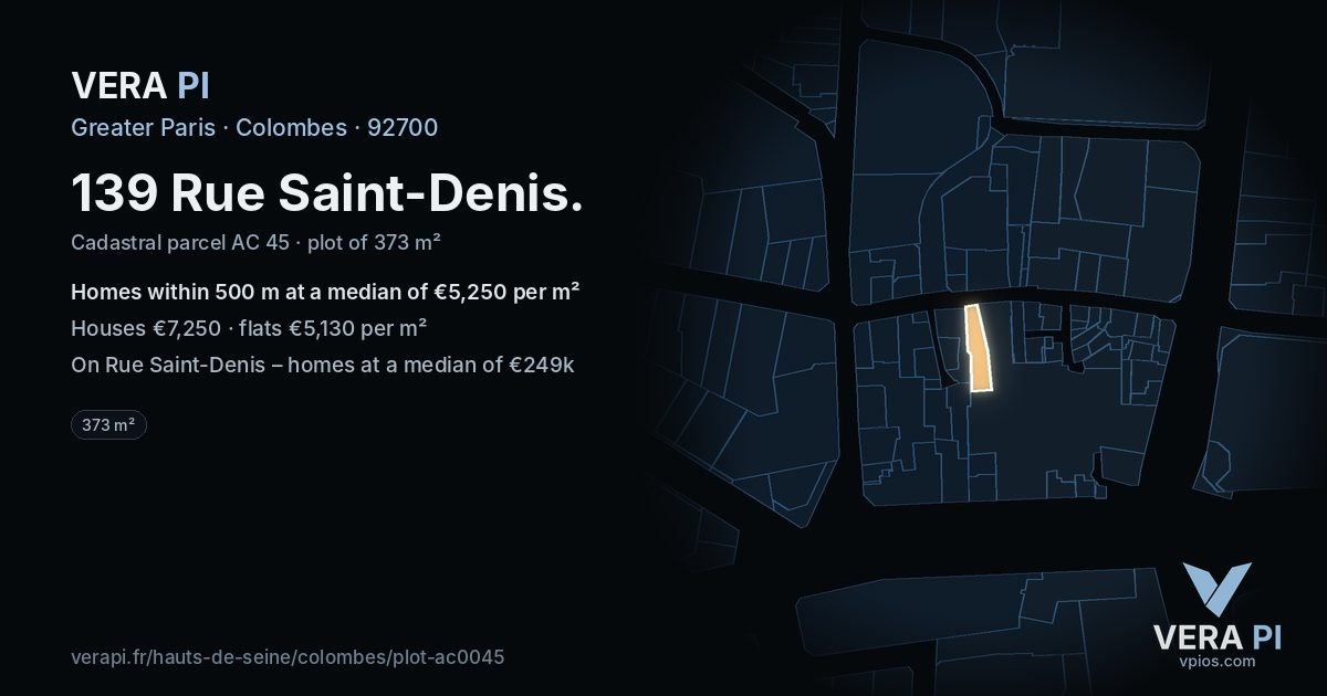 139 Rue Saint-Denis, Colombes at night – the plot lit, the parcels around coloured by the prices near them