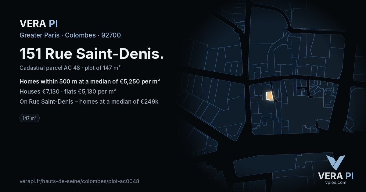 151 Rue Saint-Denis, Colombes at night – the plot lit, the parcels around coloured by the prices near them