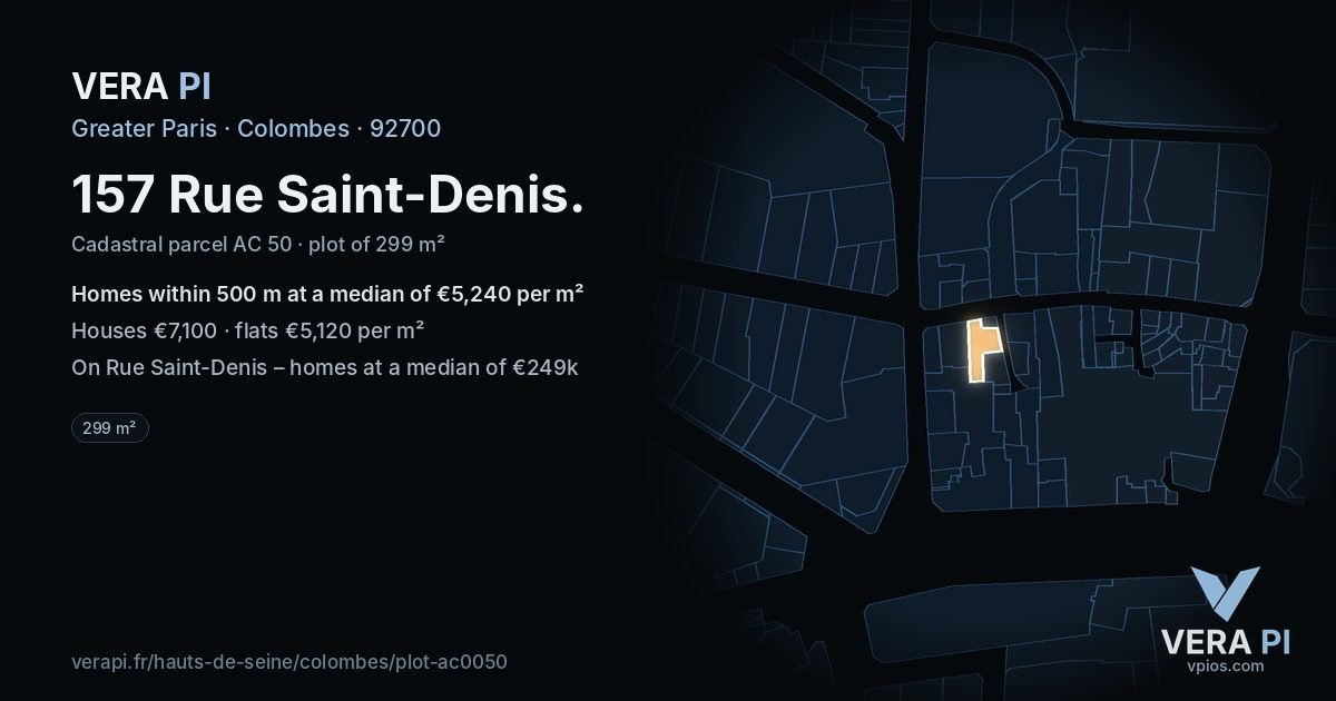 157 Rue Saint-Denis, Colombes at night – the plot lit, the parcels around coloured by the prices near them