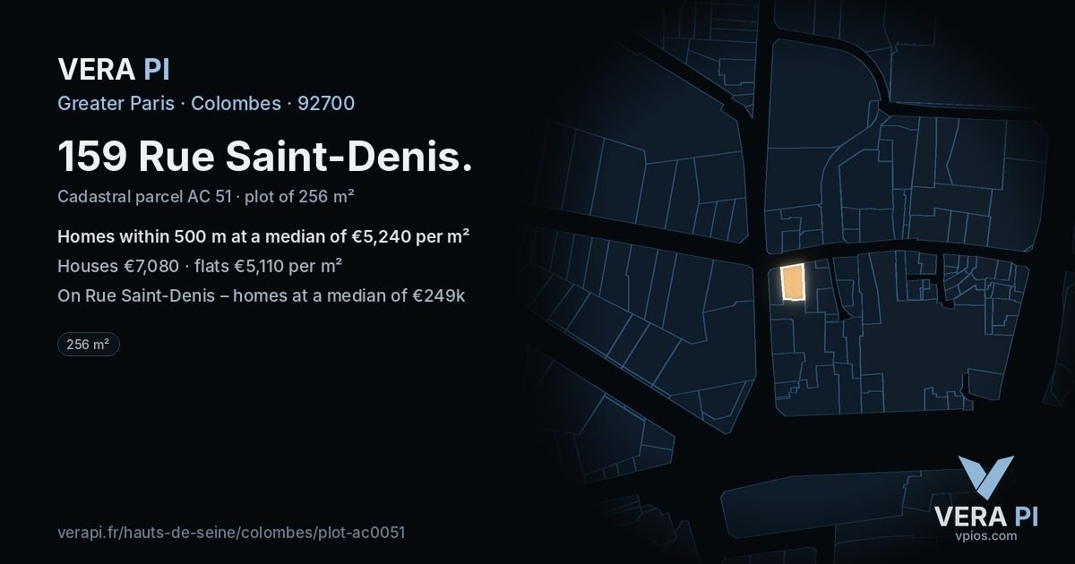 159 Rue Saint-Denis, Colombes at night – the plot lit, the parcels around coloured by the prices near them