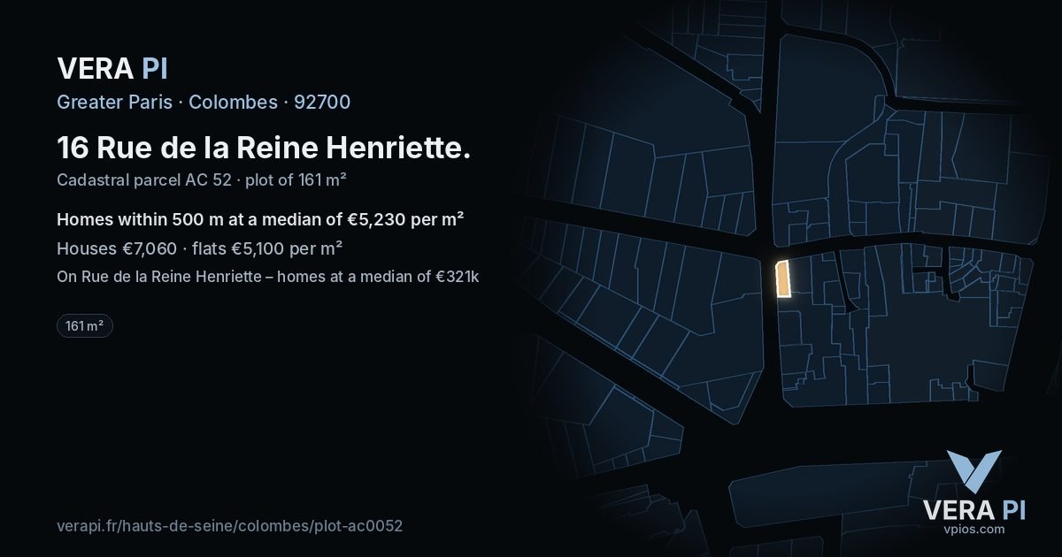 16 Rue de la Reine Henriette, Colombes at night – the plot lit, the parcels around coloured by the prices near them
