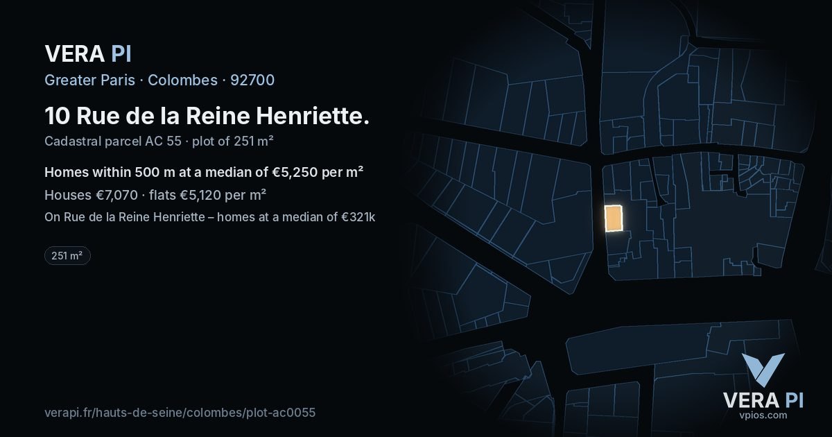 10 Rue de la Reine Henriette, Colombes at night – the plot lit, the parcels around coloured by the prices near them