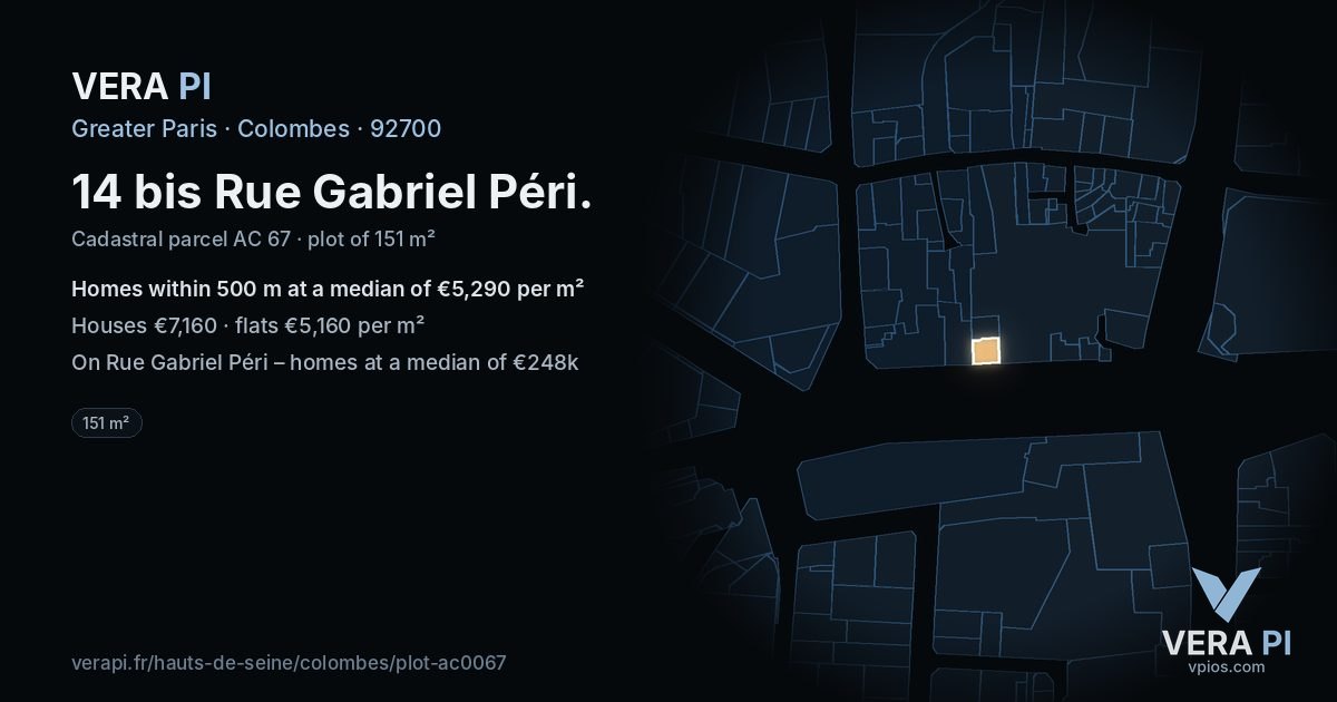 14 bis Rue Gabriel Péri, Colombes at night – the plot lit, the parcels around coloured by the prices near them