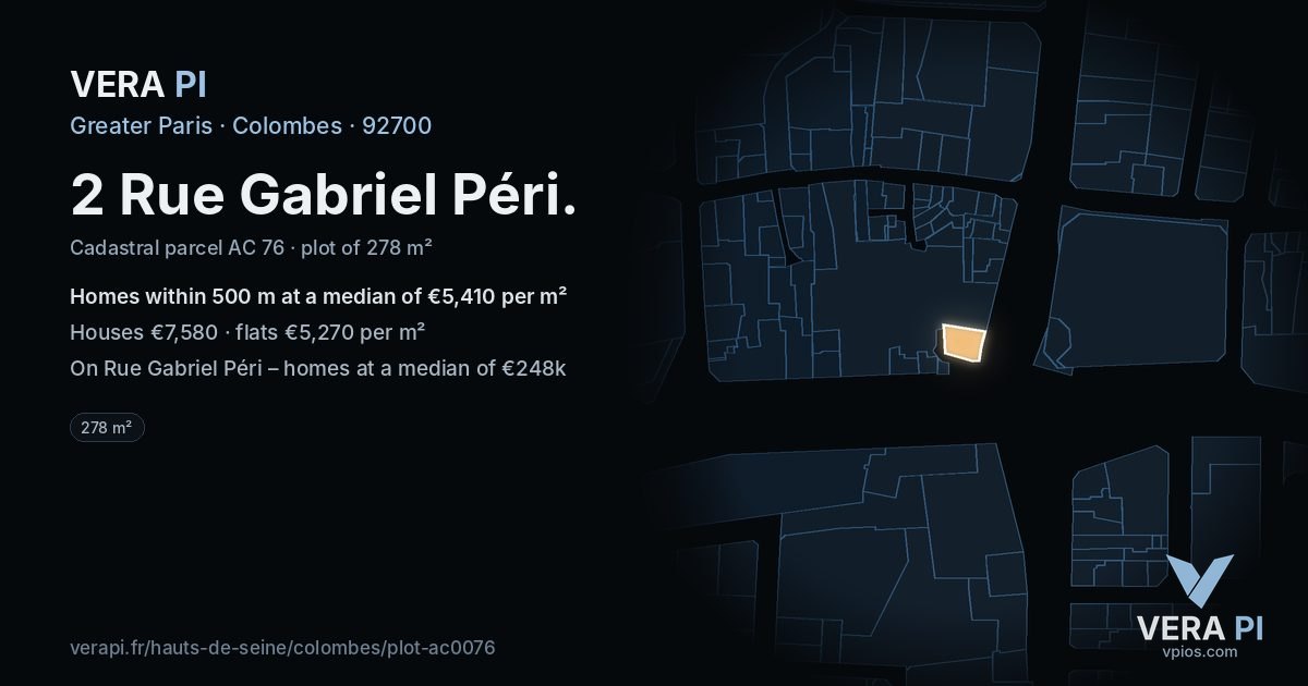 2 Rue Gabriel Péri, Colombes at night – the plot lit, the parcels around coloured by the prices near them