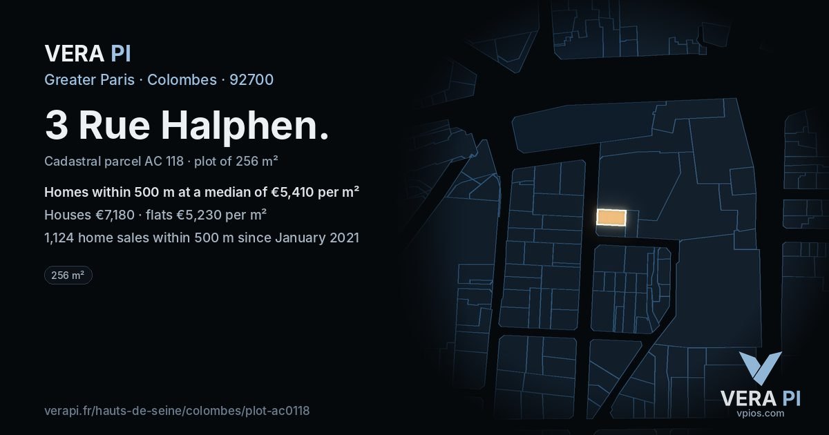 3 Rue Halphen, Colombes at night – the plot lit, the parcels around coloured by the prices near them