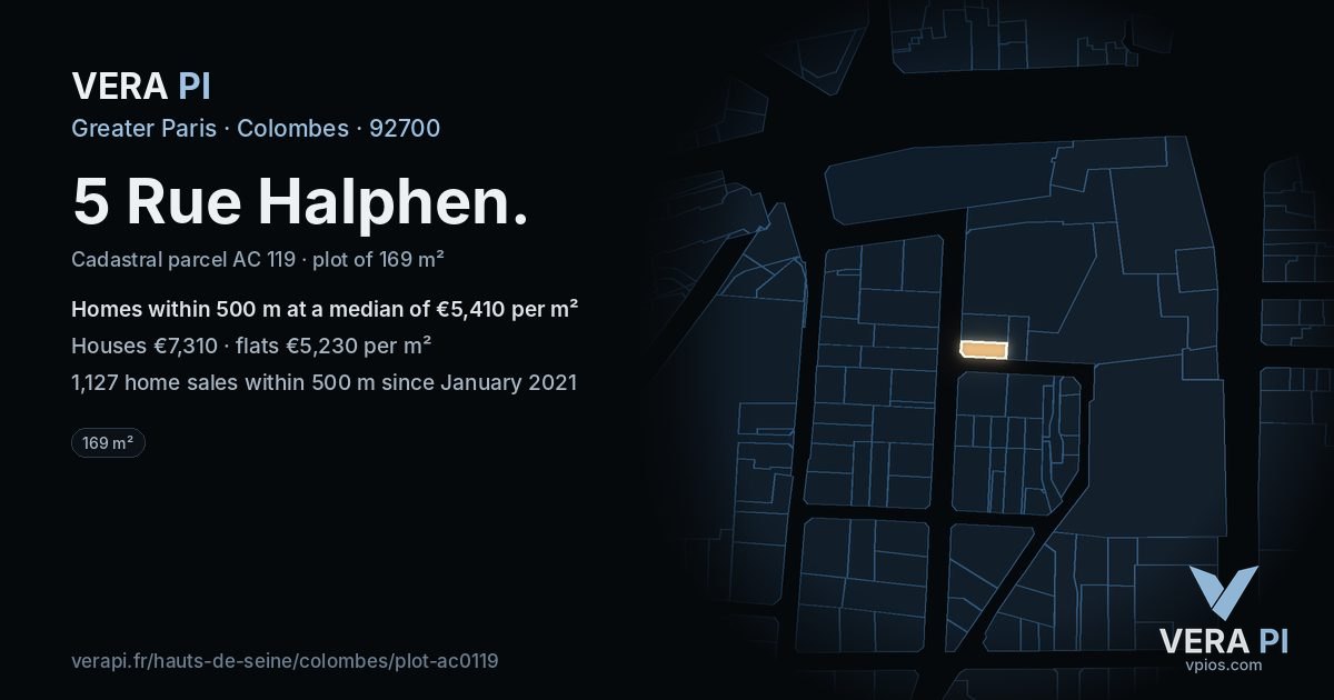 5 Rue Halphen, Colombes at night – the plot lit, the parcels around coloured by the prices near them