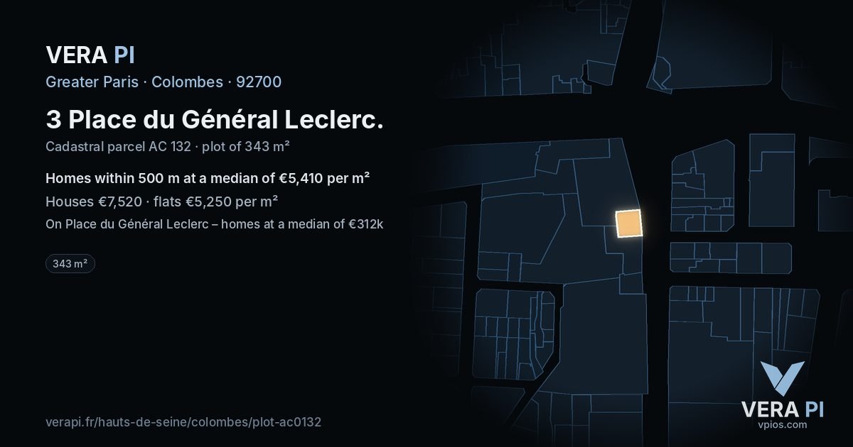 3 Place du Général Leclerc, Colombes at night – the plot lit, the parcels around coloured by the prices near them