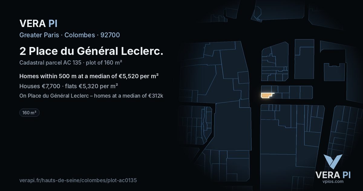 2 Place du Général Leclerc, Colombes at night – the plot lit, the parcels around coloured by the prices near them
