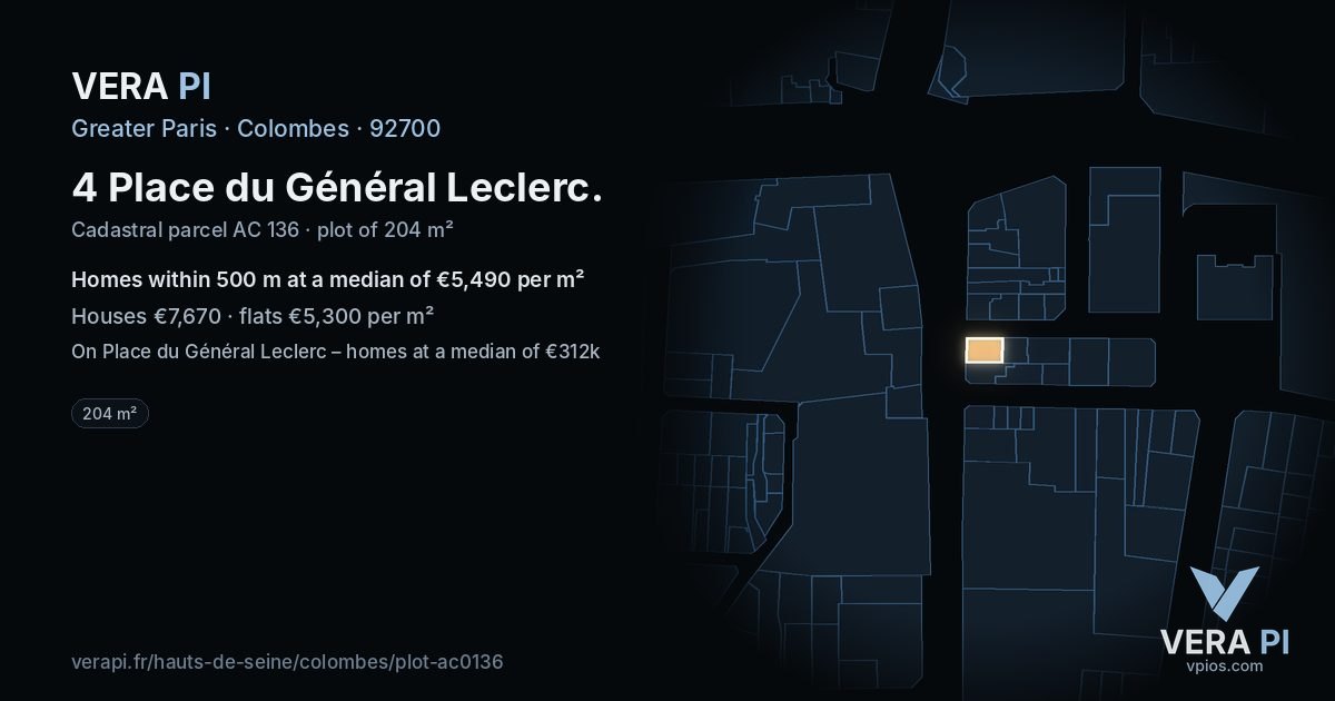 4 Place du Général Leclerc, Colombes at night – the plot lit, the parcels around coloured by the prices near them