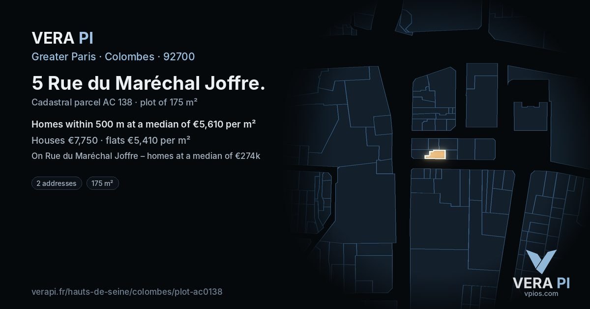5 Rue du Maréchal Joffre, Colombes at night – the plot lit, the parcels around coloured by the prices near them