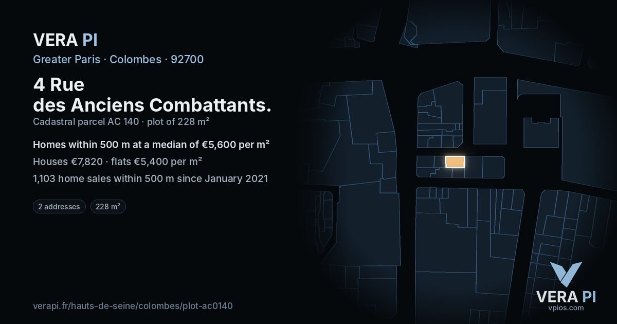 4 Rue des Anciens Combattants, Colombes at night – the plot lit, the parcels around coloured by the prices near them