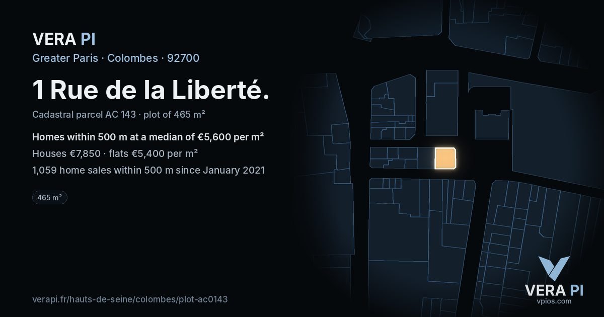 1 Rue de la Liberté, Colombes at night – the plot lit, the parcels around coloured by the prices near them