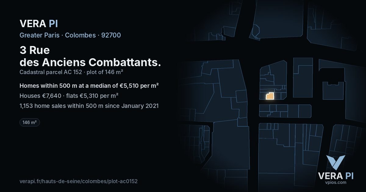 3 Rue des Anciens Combattants, Colombes at night – the plot lit, the parcels around coloured by the prices near them