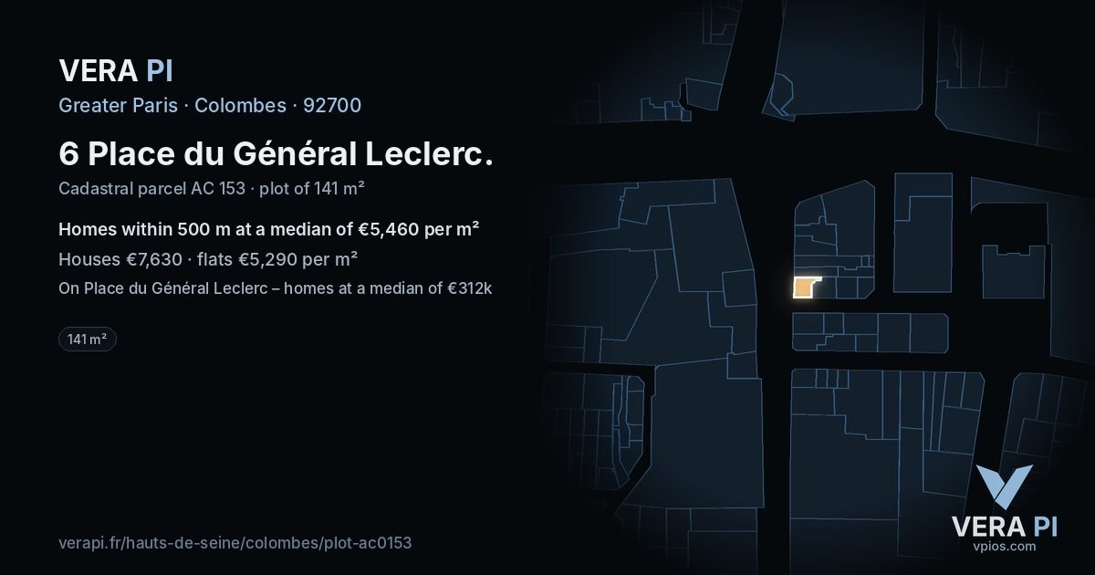 6 Place du Général Leclerc, Colombes at night – the plot lit, the parcels around coloured by the prices near them