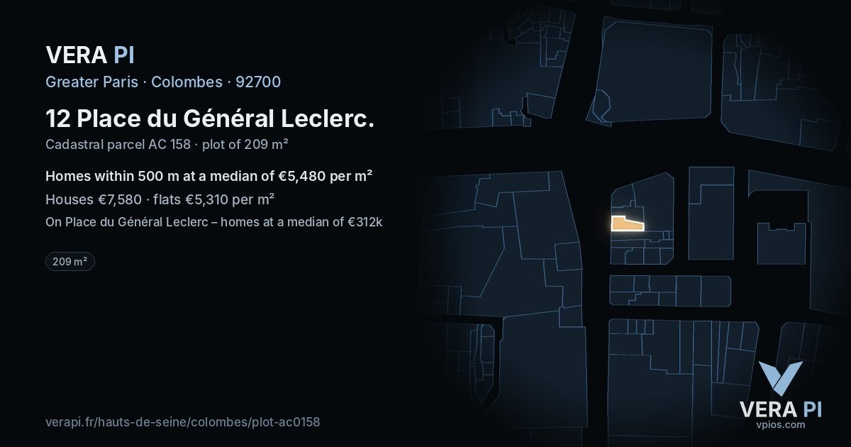 12 Place du Général Leclerc, Colombes at night – the plot lit, the parcels around coloured by the prices near them