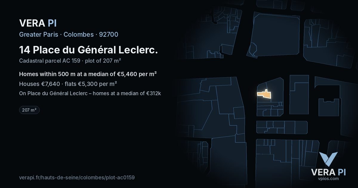 14 Place du Général Leclerc, Colombes at night – the plot lit, the parcels around coloured by the prices near them