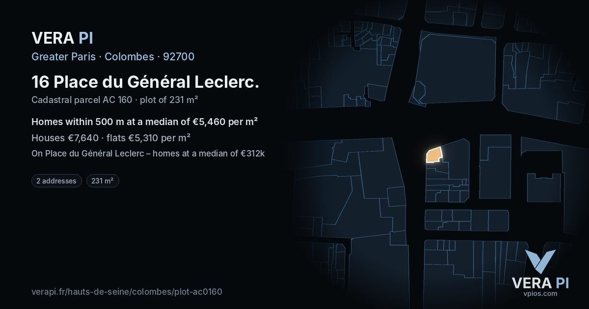 16 Place du Général Leclerc, Colombes at night – the plot lit, the parcels around coloured by the prices near them