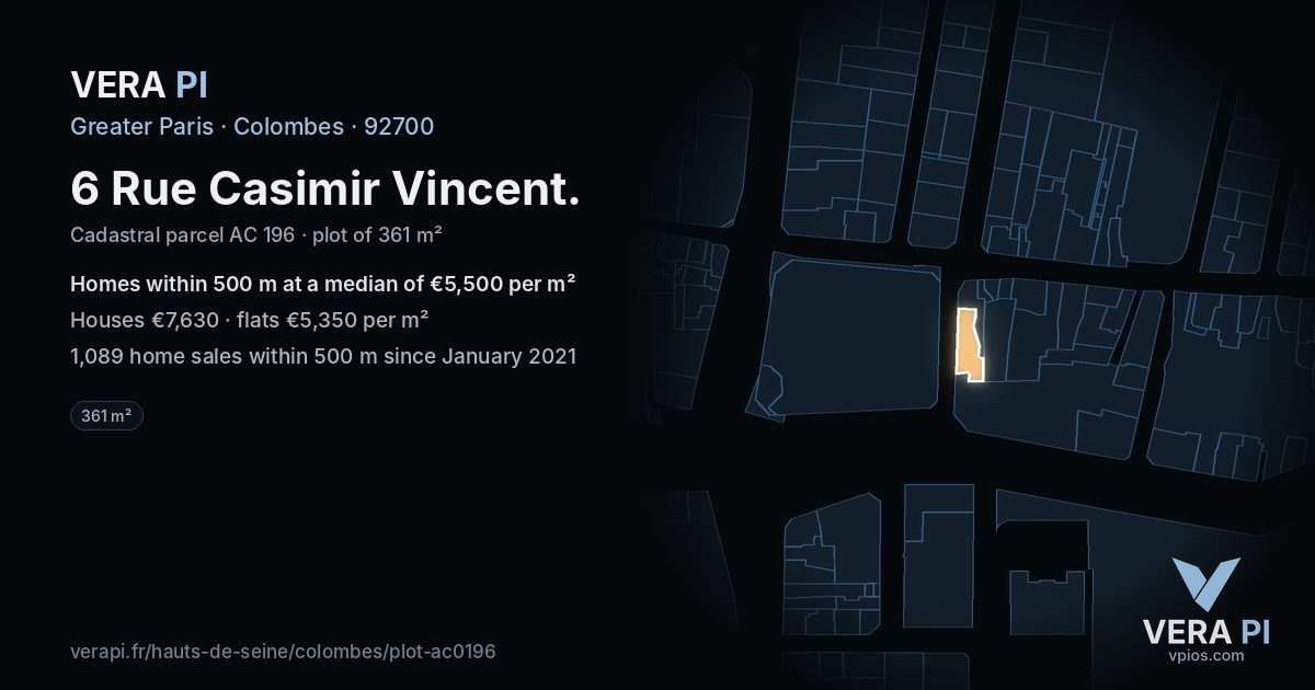 6 Rue Casimir Vincent, Colombes at night – the plot lit, the parcels around coloured by the prices near them